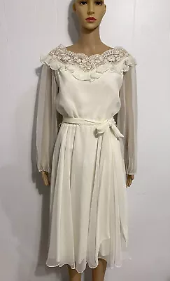 Vintage Miss Elliette California Dress 10 Belted Lace Neckline Sheer LS Ivory • $17.95