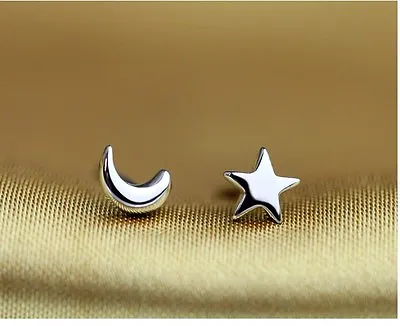 $8.95 • Buy Asymmetry Symbol Moon Star Stud Earrings 14K White Gold Over Sterling Silver Box