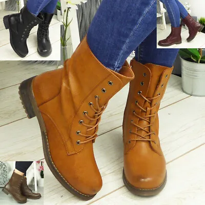 Ladies Ankle Army Boots Shoes Biker Zip Lace Up Winter Casual Combat Womens Size • £19.54