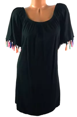 Asos Black Multicolor Tassels Scoop Neck Elbow Sleeve Spandex Stretch Dress 22 • $9
