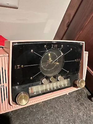 Old 1957 Vintage Princess Pink GE Model C-416 Tube AM Clock Radio • $45