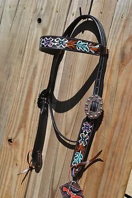 $89.06 • Buy Circle Y 5/8  2021 Black Hand Painted Teal & Purple Floral Browband Headstall 
