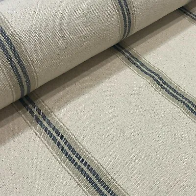 Donan Double Stripe Grey 100% French Cotton Grain Sack Upholstery Curtain Fabric • £20.95