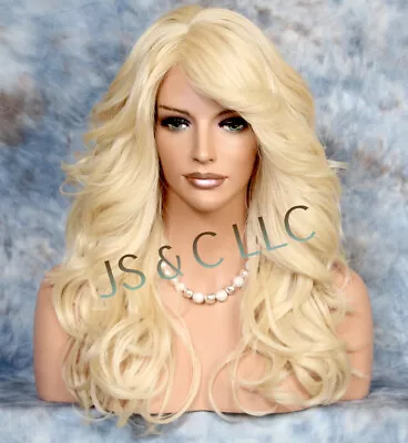 Human Hair Blend Full Wig Bleach Blonde Wavy Bang Heat OK Feather Sides WEPX 613 • $89.94