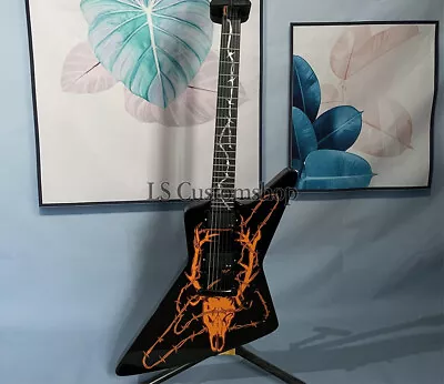 Black Explorer Elk Skull Electric Guitar Black Hardware Mahogany Neck Fast Ship • $245