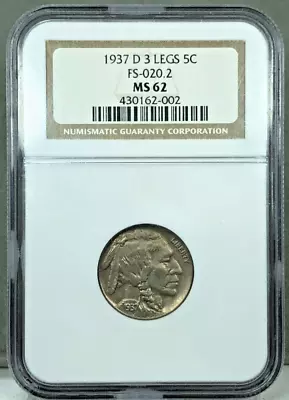 1937-D 3 Legs Buffalo Nickel NGC MS62 ~ FS-901 ( FS-020.2 ) ~ 3 Legged Buffalo • $3999.95