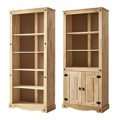 Tall Bookcase 2 Door 5 Shelf Mexican Solid Pine Wood Living Room Furniture • £131.99