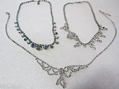 3 Vintage Clear Fancy Rhinestone Necklaces Ab Blue Collar Drop Bow Jewelry • $12.99