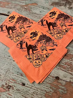 3 Vintage Halloween Paper Napkins Witch Black Cat Pumpkin JOL Crepe Paper? • $17.99