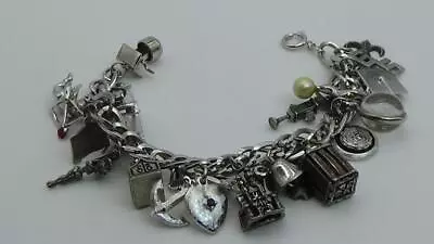 Vintage 1960s Sterling Charm Bracelet Movable Opening Disney Calif 20 Charms 65g • $124