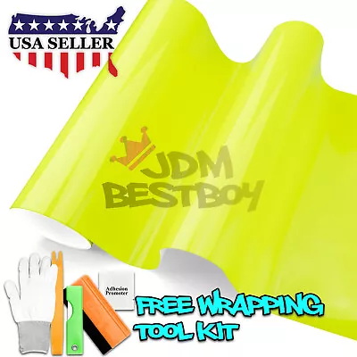 Fluorescent Gloss Neon Yellow Car Sticker Decal Vinyl Wrap Air Release Sheet DIY • $11.88