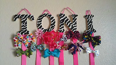 Zebra Print W/ Pink Custom Monogram Hair Bow & Barrette Holder  • $12.99