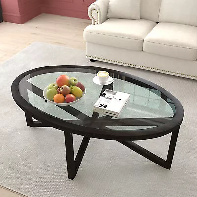 Modern Simple Round Glass Coffee Table With Solid Wood Base • $153.61