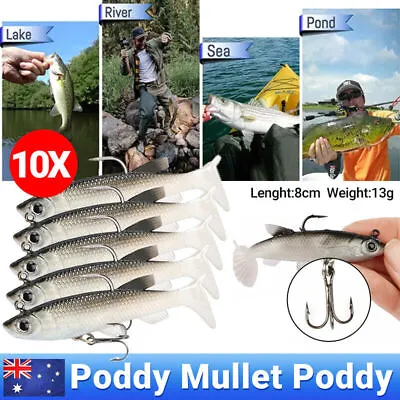 10PCS Soft Plastic Lures Poddy Mullet Flathead Jig Head Barra Cod Fishing Tackle • $11.20