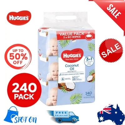 $20.84 • Buy Huggies Lightly Fragranced Thick Baby Wipes Coconut Oil 3 X 80pk (240 Pack)