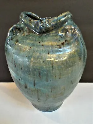 Blue Green Glazed Pottery Vase Pinched Dimpled Stoneware Jar Pot George Ohr Era • $69