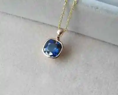 3Ct Cushion Lab Created Blue Sapphire Solitaire Pendant 14K Yellow Gold Plated • $64.99
