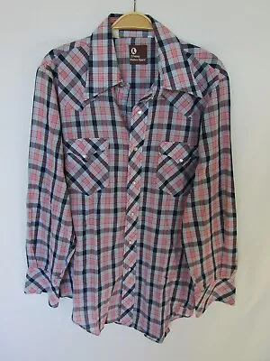 JC PENNY MENS M Red White Blue Plaid Check Pearl Snap COLLAR WESTERN SHIRT • $14