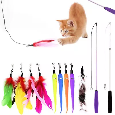 Cat Kitten Toy Feather Bell Wand Teaser Rod Interactive Play Pet Toys Gift 11Pcs • £6.99
