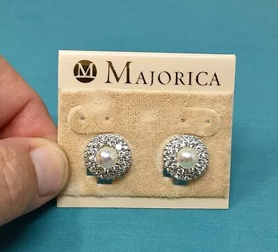 NWT Majorica Pearl Crystal Rhinestone Sterling Silver Pierced Earrings • $49.95
