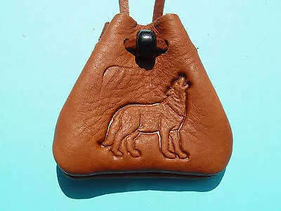 Howling WOLF Medicine Bag Medicine Bag Brown Leather Buckskin Necklace 1017 • $11.95