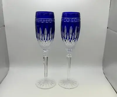 Pair Of Waterford Crystal CLARENDON COBALT Champagne Flutes Glasses • $237.99
