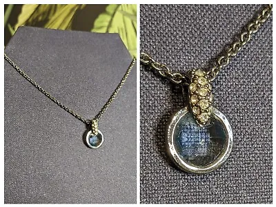 M&S Denim Blue Aqua Round Pendant Necklace Gun Metal Silver Tone Chain 43cm Long • £4.45