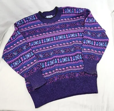 Meister Ski Sweater Retro Purple Vintage Wool Blend Top Geo Stripe Birds Pattern • $44.99