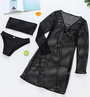 Bikini Set Three-piece Swimsuit New Grid Mesh Cover-up Bandeau • £15.39