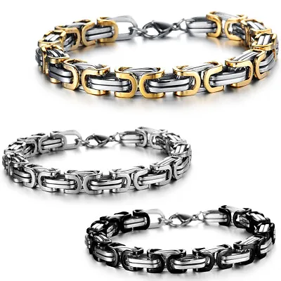 Mens Stainless Steel Heavy Mechanic Link Byzantine Chain Bracelet Biker Bangle • $9.99