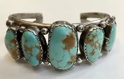 Vintage Navajo Indian Silver & Turquoise Bracelet Five Beautiful Stones • $150