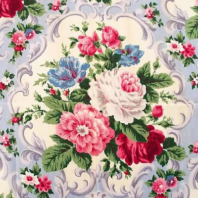 Vtg Barkcloth Era Drapery Fabric Romantic Pink Red Roses Bouquets On Blue 47x49 • $44.98