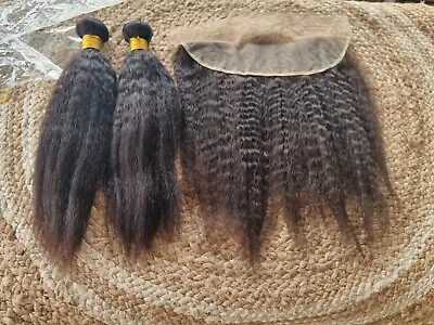 12a Brazilian Virgin Human Hair Kinky Straight 2bundle 14+14&14inch 13x4 Frontal • £132.30