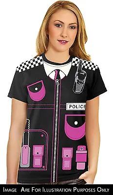 New Ladies Printed POLICE T-Shirt  Black Pink Funny Fancy Dress Costume Top 8-14 • £5.45