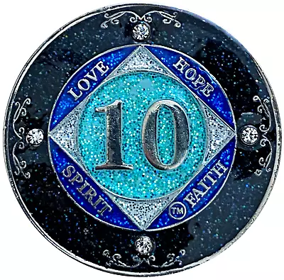 NA 10 Year Glitter & Crystals Medallion Narcotics Anonymous Blue Glitter Coin • $27.99