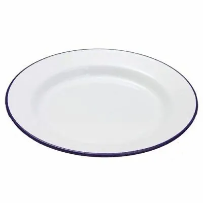 White Enamel Dinner Pie Plate Blue Rim 22cm • £6.28