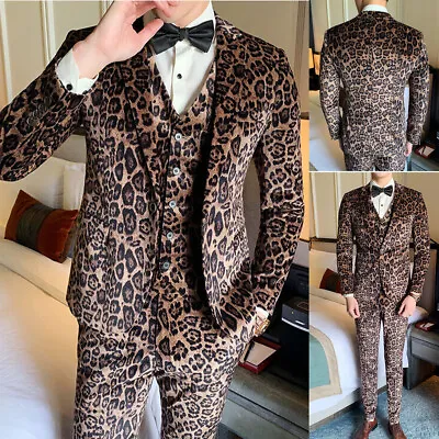 Mens Leopard Print Suit Velvet Wedding Dinner Formal Prom Dress Suits 3 Pieces • $111.59