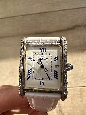 Must De Cartier Tank Watch 2414 24mm X 16mm With Diamonds & White Band • $1900