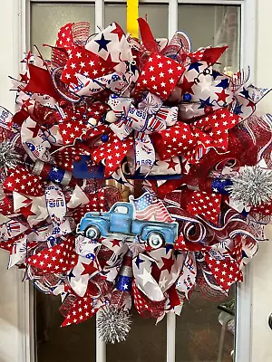 Patriotic Custom Handmade Door Wreath With Blue Truck • $55