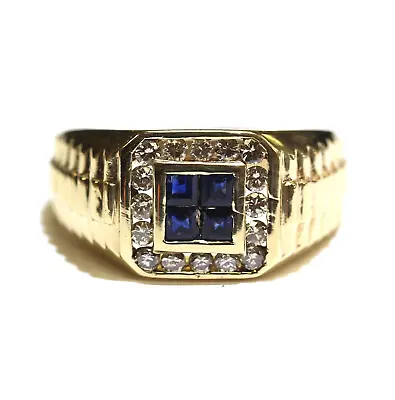 Solid 14k Yellow Gold 0.72ct Real Diamond Mens Real Sapphire Designer Style Ring • $1096