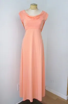 VGC Vtg 70s Mod Peach Poly Knit Prom Bridesmaid Maxi Dress Gown Scarf Back S • $12.50