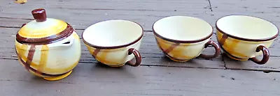 Vintage Authetic Vernonware ORGANDIE Metlox 3 Cups & Creamer W Lid Yellow Brown • $14.99