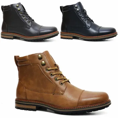 Mens Ankle Boots Faux Leather Biker Military Army Casual Formal Fashion Shoes • £16.95