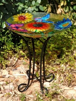 Solar Glass Bird Bath W/Metal Stand-Butterfly Summer Garden Decor Water Fountain • $71.19