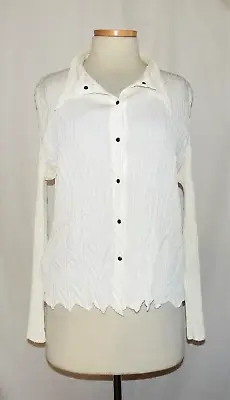 Babette Cream Crinkle Pleat Blouse Semi-Sheer Collared Snap Front Jagged Hem XL • $46.49