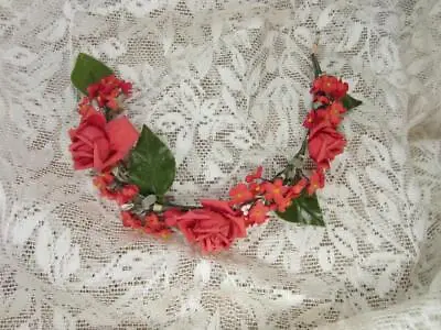 *VTG Red Fabric Rose Forget Me Not  Flower Crown Tiara  Millinery  Doll Craft • $24
