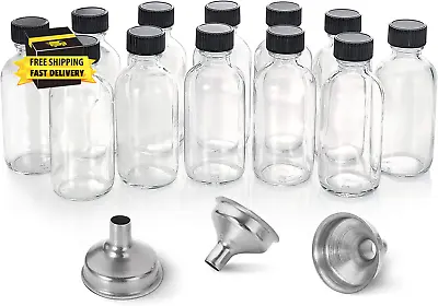 12 Pack 2 Oz Small Clear Glass Bottles With Lids & 3 Stainless Steel Funnels -  • $16.57