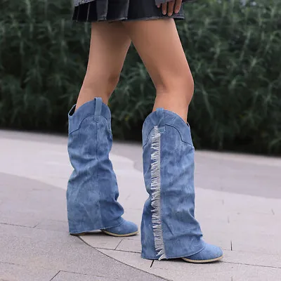 Vintage Denim Cowboy Boots Women's Block Heels Pull On Splicing Knee High Boots • $99.48