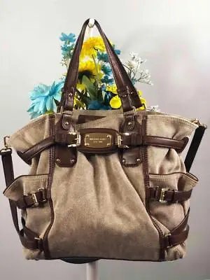 MICHAEL KORS Gansevoort Natural Hemp Canvas Mocha Brown Leather Shoulder Bag • $125.99