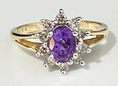 9K Solid Gold W/ Amethyst & 0.34CT Diamond Cluster Ring Size M 1/2  -  6 1/4 • $458